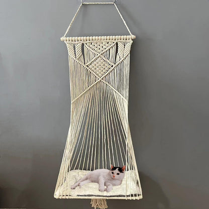 Sdjazl Macrame Hanging Cat Hammock Bed Cat Swing House Space Saving Window Perch with Washed Cotton Cats Toy Tassel Basket Tapestry (Beige, Swing Bed+Cushion)