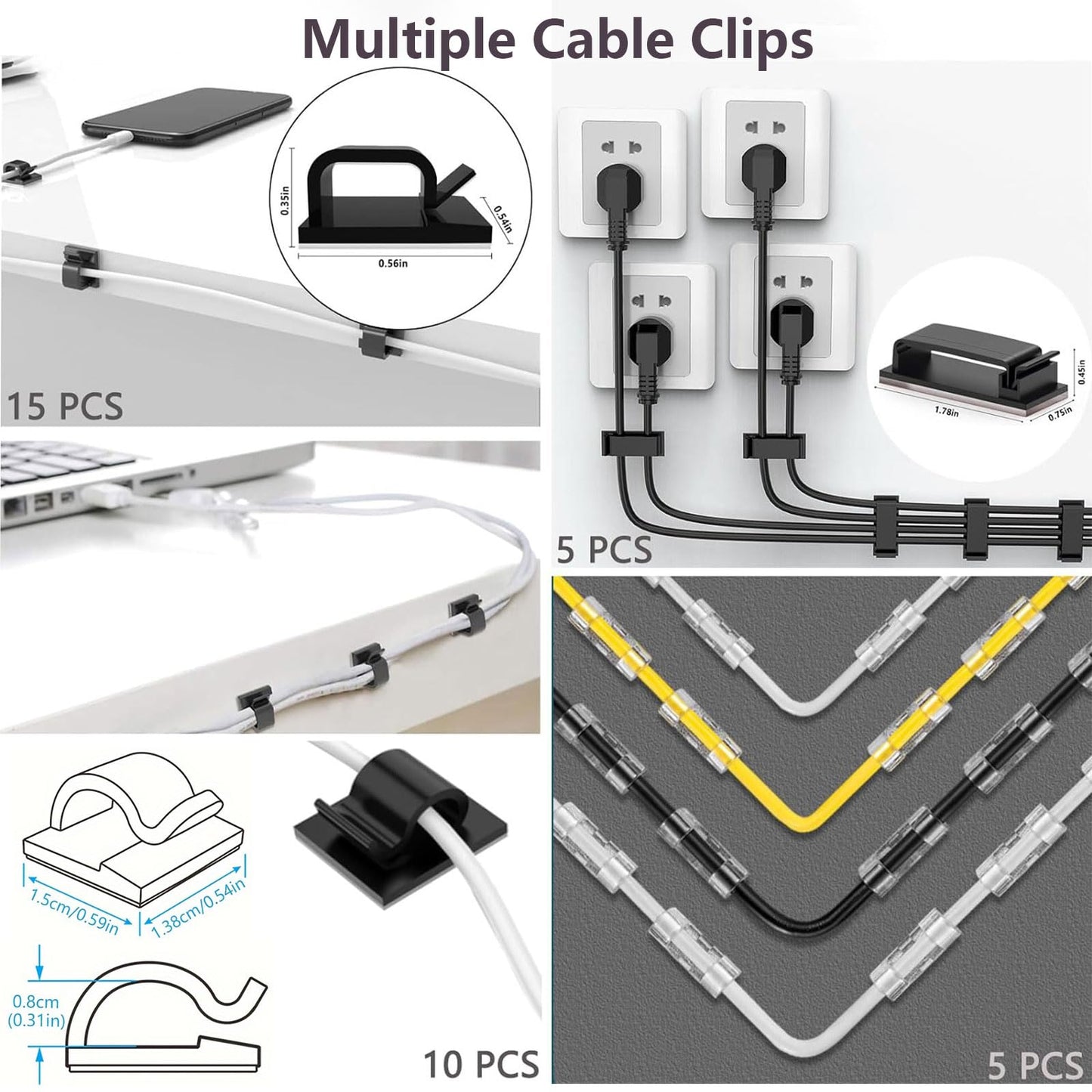 ELII 327 PCS Cable Management Kit 4 Cable Cable Sleeves,65 Cable Clips with 13Cord Holders,25 Roll Cable Organizer Straps,200 Fastening Cable Ties,20 Cable Zip Tie Mounts for Computer (Black)