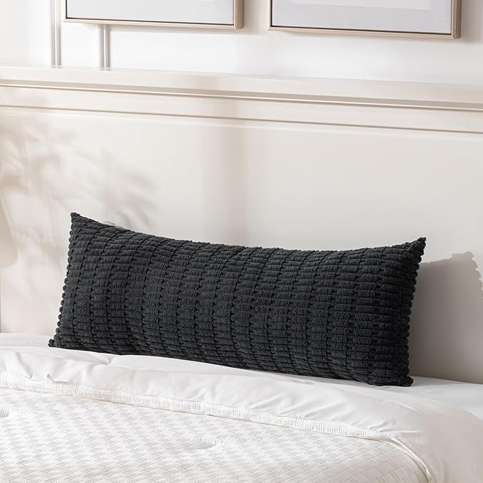 Fancy Homi Black Long Body Lumbar Decorative Throw Pillow Covers 20x54 Inch for Bed Couch Bedroom Bench, Soft Corduroy Rectangle Solid Pillow Case, Rustic Farmhouse Boho Room Decor
