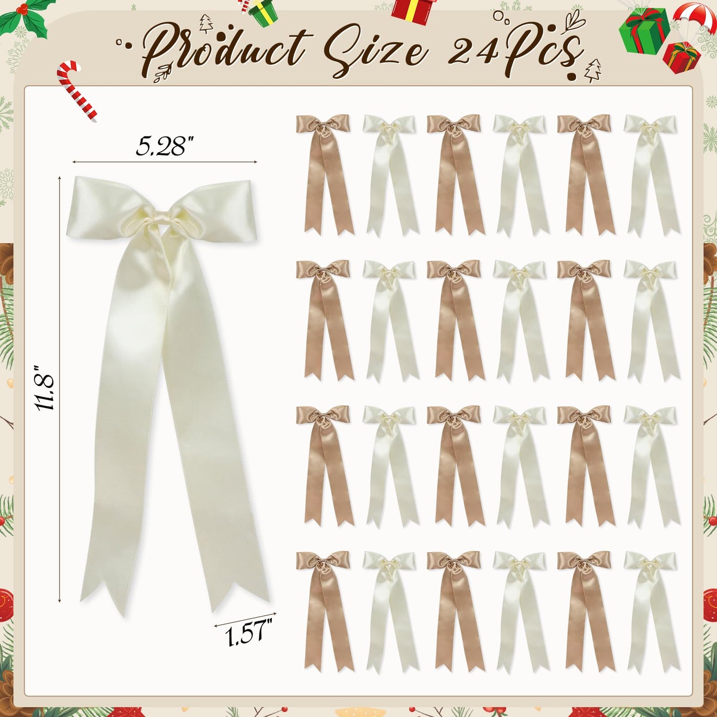 24 Pcs Christmas Tree Bows Decorations - Satin Ribbon Bows for Wreath, Tree Topper, Ornaments, Garland, Home, Staircase, Fireplace Decor