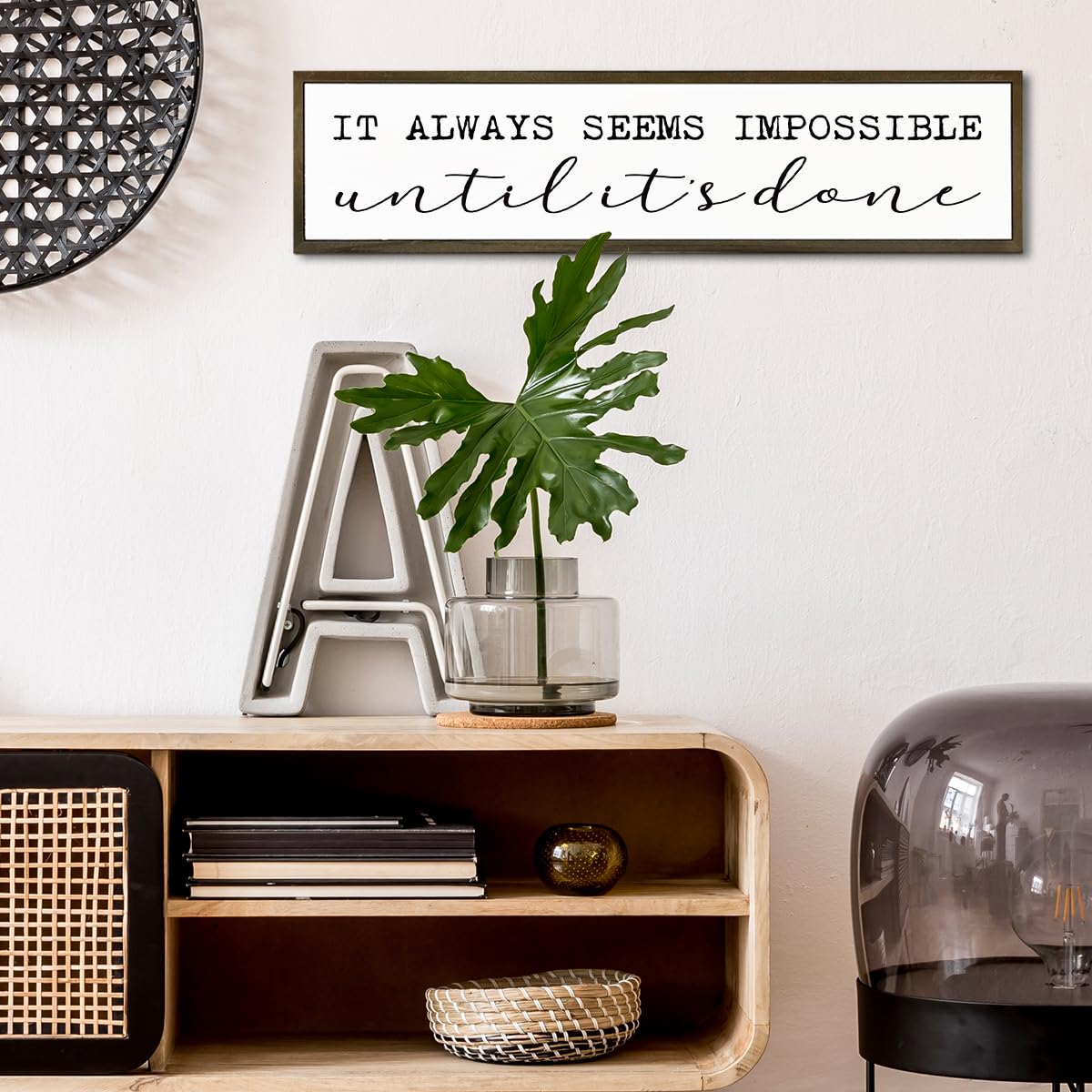 Positive Signs Decor, Motivational Office Workplace Wall Decor, Fitness Room Decoration, Farmhouse Home Decor, Long Wooden Block Signs, It Always Seems Impossible Until It's Done Sign 17.8x4x1.2 In