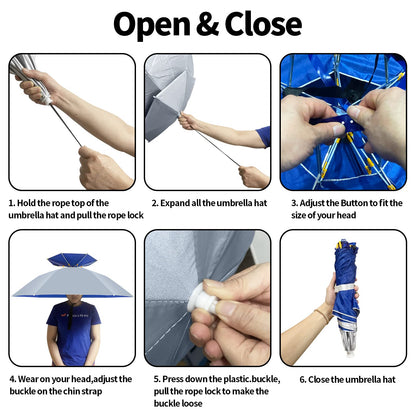 NEW-Vi Fishing Umbrella Hat Folding Adjustable Sun Rain Cap, 37.4”Oversize Hands Free Umbrellas, 7-Ribs Anti-UV Waterproof Headwear for Fishing Gardening Golf Sunshade Outdoor (Silver)