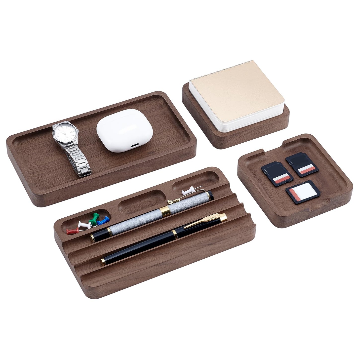 GLASSWINDS 4 Piece Wooden Desk Organizer Tray With Pen Holder, Walnut Wood Pencil Holder, Minimalist Desk Accessories, Mens Valet Tray Office Supplies, Stationery Pen Key Wallet Catchall Trays
