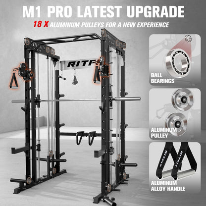 RitFit M1 Pro Smith Machine with LAM1 Adjustable Lever Arm Attachment, All-in-One Power Cage, Power Rack with LAT Pulldown & Cable Crossover System for Home Gym(Black)