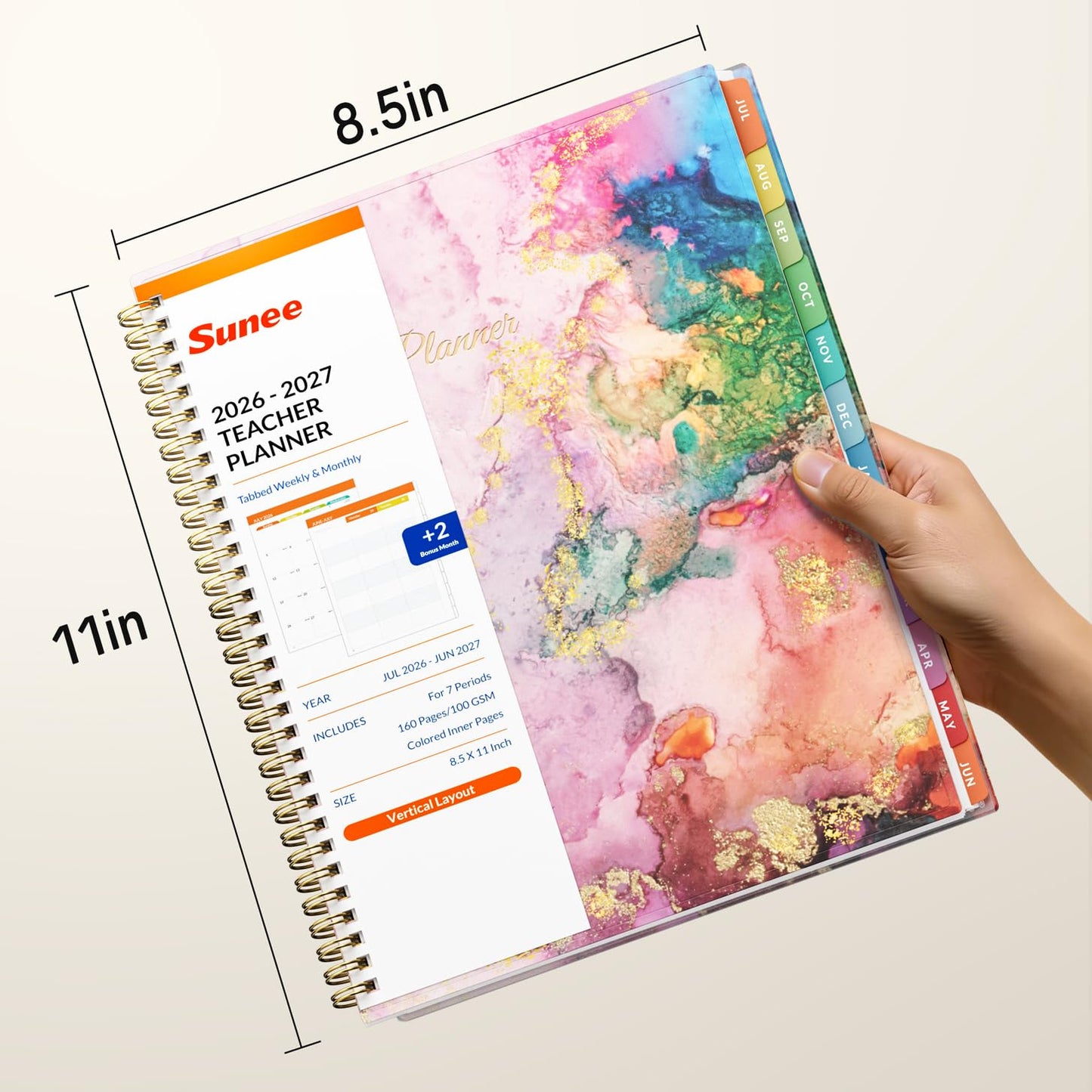 SUNEE Teacher Planner 2026-2027 Academic Year, 7 Periods Lesson Plan Book Jul 2026 - Jun 2027, 8.5"x11" Weekly Vertical Layout Monthly Organizers with Calendars, Bookmark, Waterproof Cover,Pink Marble
