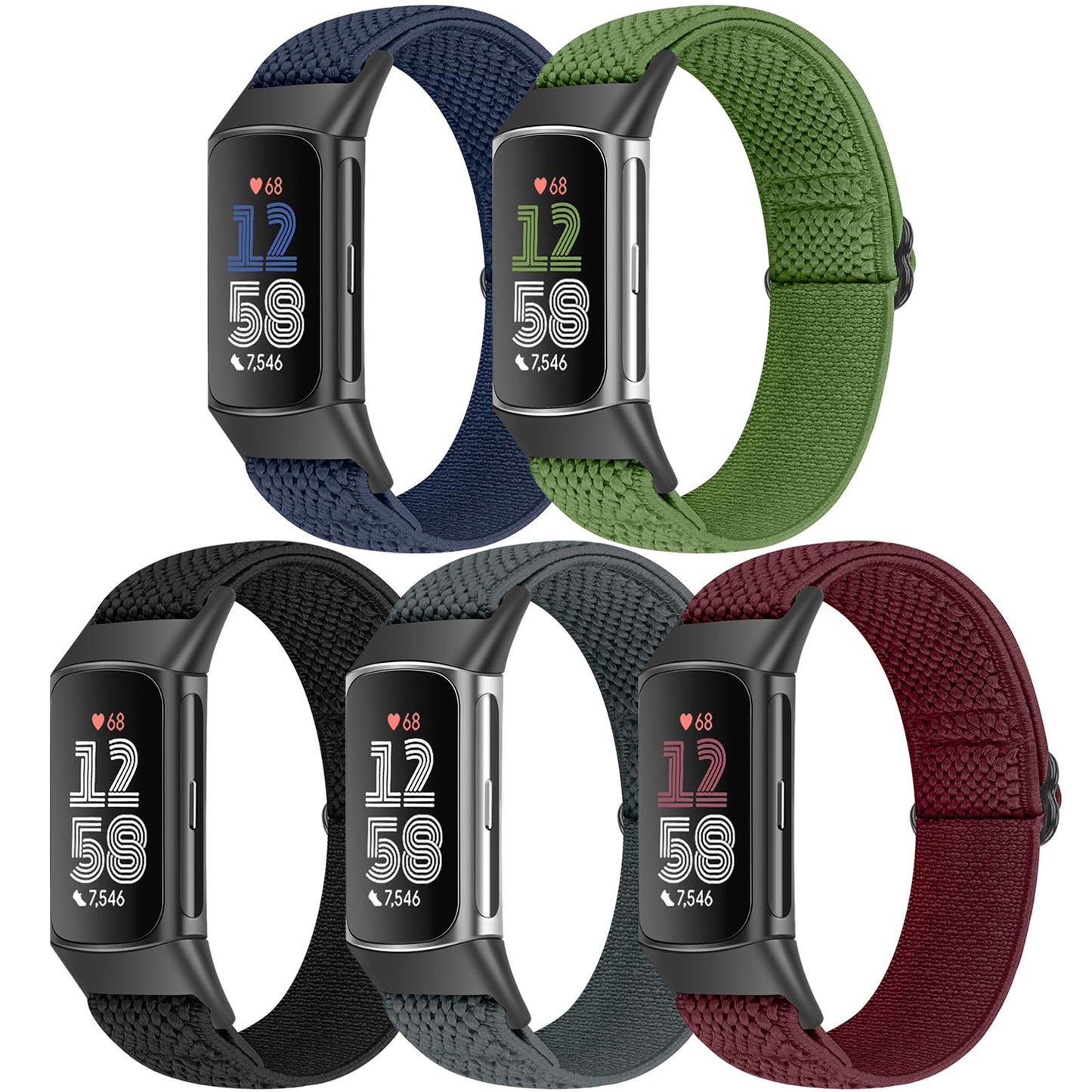 Bcuckood 5 Pack Elastic Nylon Watch Bands Compatible for Fitbit Charge 6/Fitbit Charge 5, Adjustable Breathable Replacement Stretchy Nylon Loop Wristband Sport Strap for Women Men