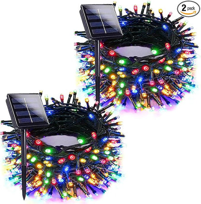 2pk Multi-Colored Solar Christmas Lights Outdoor Waterproof, 200 LED 66 FT Solar Powered LED String Lights Green Wire with 8 Modes, Solar Fairy Lights for Xmas Tree Party Wedding Garden Decorations
