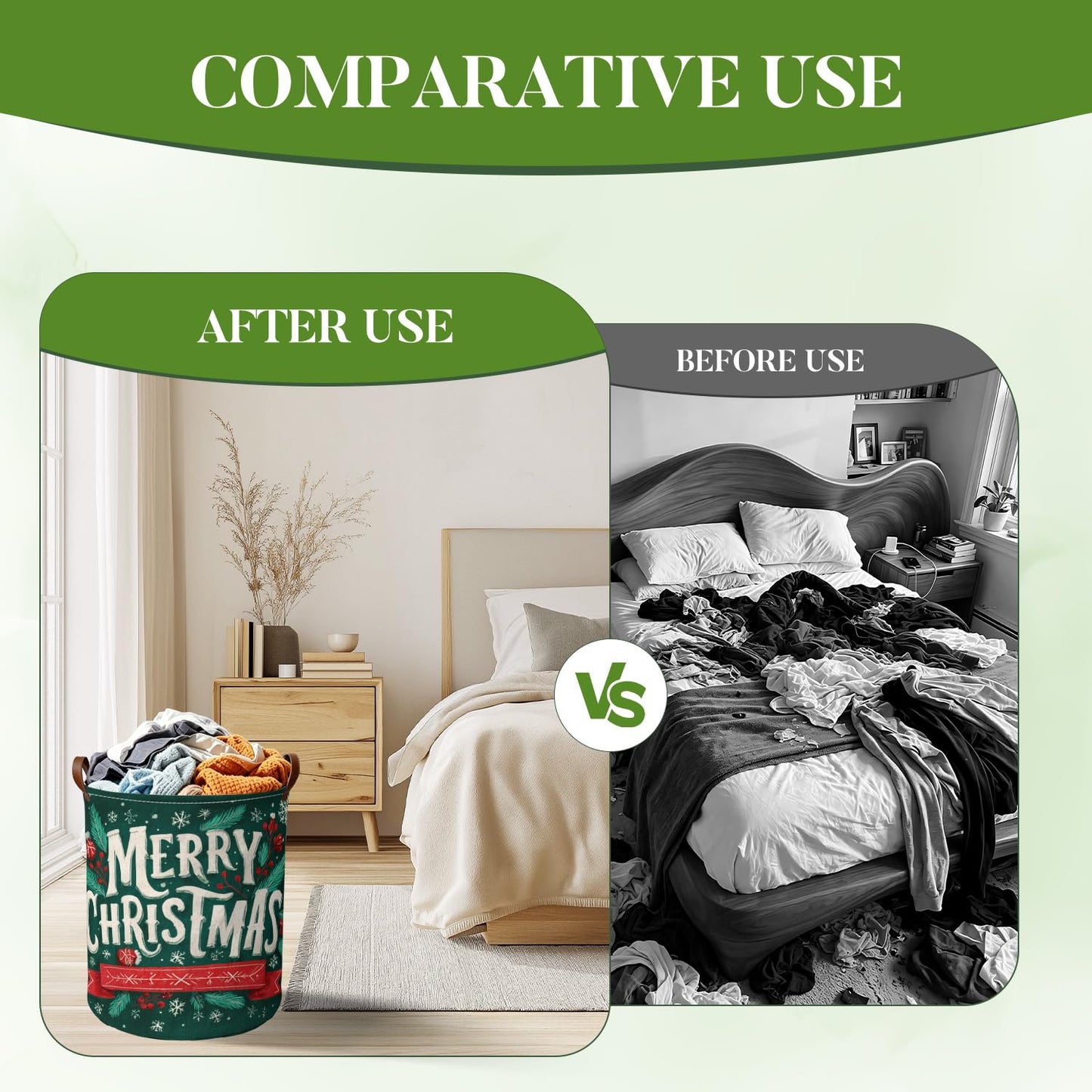 Vintage Merry Christmas Art Laundry Hamper, 15.75x19.7" Large Canvas Clothes Basket with Leather Handles, Retro Dark Green Holiday Storage Bin for Bedroom Bathroom Playroom