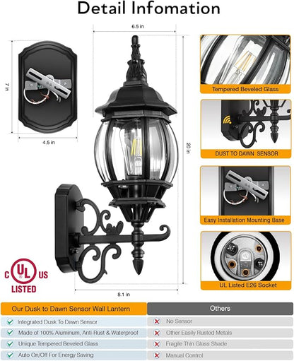 VIANIS Outdoor Wall Light, Black Exterior Porch Light Wall Mount, Modern Outside Lantern Lights for House, Dusk to Dawn Exterior Sconce Lighting for Garage, Front Door Light Fixture Outdoor Wall Lamps
