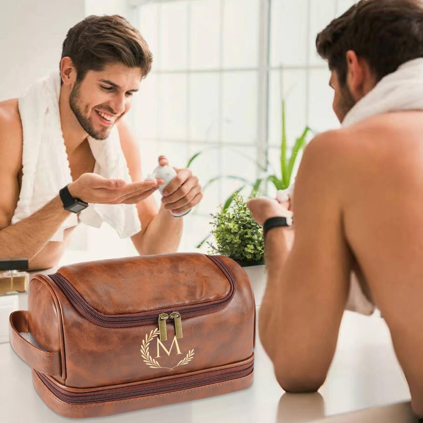 Personalized Leather Toiletry Bag For Men, Engraved Initial Travel Toiletry Bag for Men, Travel kit for Him, Ideal Gift for Him Dad Father Son Husband Grandpa Lover Christmas Anniversary Birthday(F)
