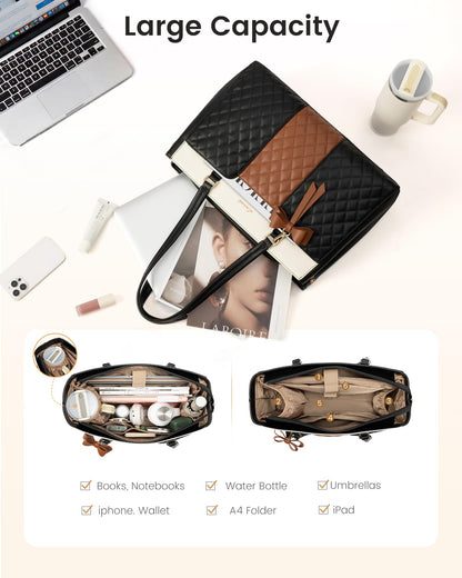 LOVEVOOK Laptop Tote Bag for Women,15.6 Inch Work Bags PU Leather Teacher Tote Bag,Waterproof Quilted Computer Bag for Office Professional Briefcase Gifts