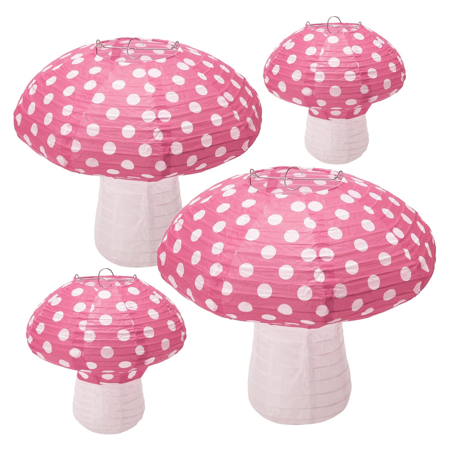 4Pcs Mushroom Shaped Paper Lanterns - Large Mushroom Shaped Paper Lanterns For Nursery, Garden, Christmas Party Decoration - 8 inch, 12 inch (Pink)