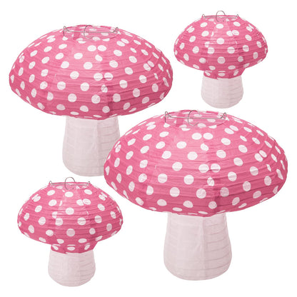 4Pcs Mushroom Shaped Paper Lanterns - Large Mushroom Shaped Paper Lanterns For Nursery, Garden, Christmas Party Decoration - 8 inch, 12 inch (Pink)
