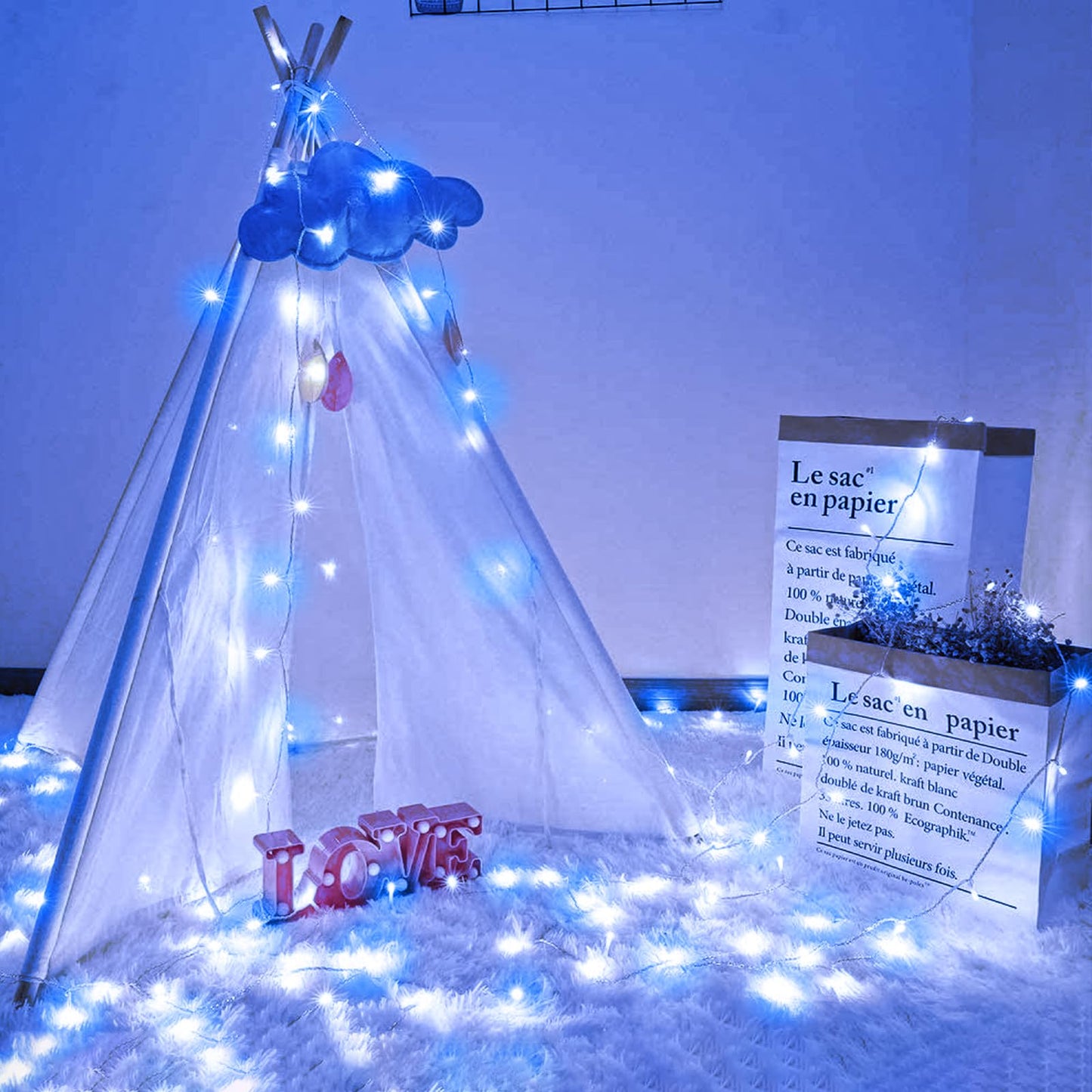 Vivideal 300 LED Christmas Lights Outdoor, 100ft Christmas String Lights 8 Modes Plug in Waterproof Fairy Lights with Timer Memory for Indoor Outside Bedroom Home Party Decoration, Blue&White