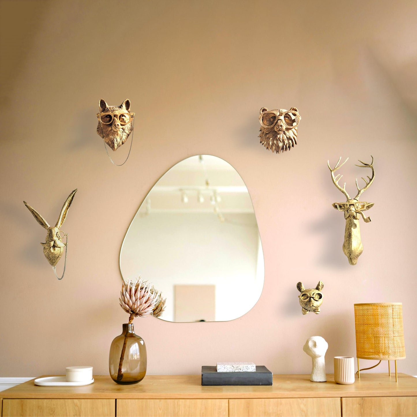 Artocery Brass Animal Head Wall Decor Gold Animal Heads Shaped Wall Hanging for Living Room Bath Room Kitchen Gardening Pub and Bar Decor for Wall Gift Ideas for Woman for Man (5pcs-brass)