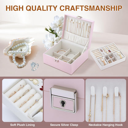 Jewelry Organizer Box for Girls Women,Large Genuine Leather Jewelry Organizers and Storage with Earring Holder Organizer Removable Velvet Jewelry Tray,Christmas Gifts Jewelry Box for Girls 8-12,Pink