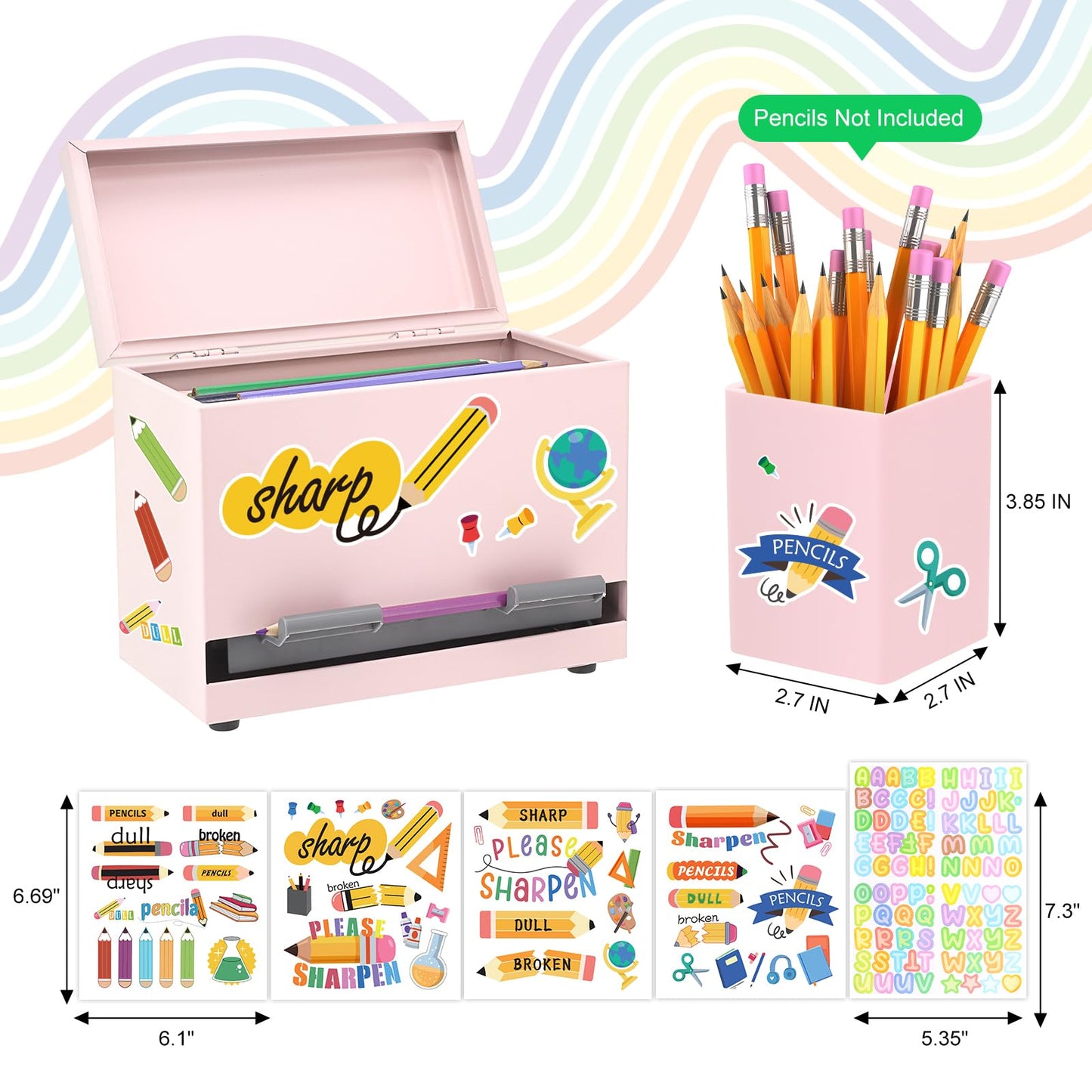 SYMDROMIA Pencil Dispenser for Classroom Stainless Steel Pencil Holder for Desk, Pencil Dispenser Set with Silicone Organizer & 5 Stickers, Back to School Classroom Must Haves Teacher Supplies (Pink)