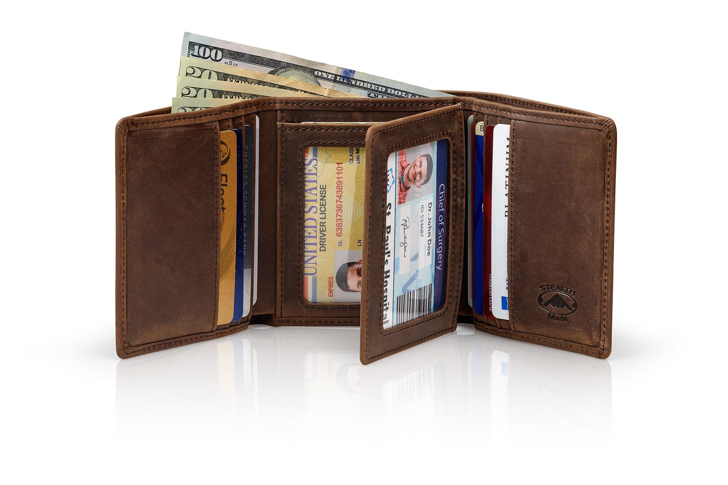 Stealth Mode Trifold Wallet for Men RFID Blocking – Genuine Napa Leather Extra Capacity Mens Wallet, 11 Card Slots, 3 ID Windows, Flip Out ID Holder, Large Tri Fold Leather Wallet for Men - Gift Ready