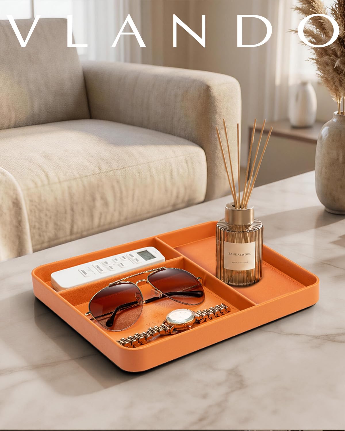 VLANDO Valet Tray Organizer, PU Leather Catchall Tray with Dividers for Keys Wallet Watch Phone Jewelry, Nightstand Dresser Desk Organizer for Sunglasses Perfume Earbuds Accessories, Orange