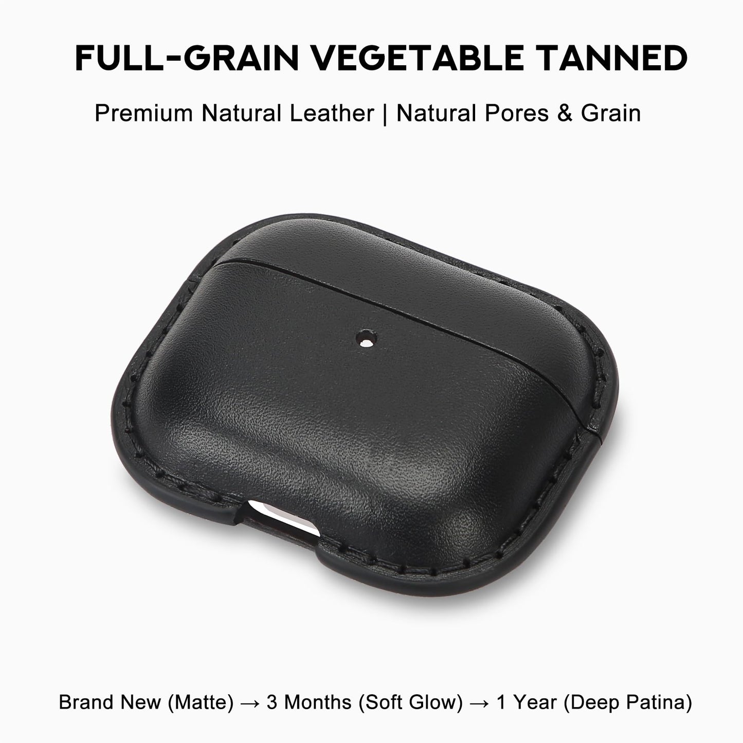 JusBumio Hand-Stitched Full Grain Vegetable Tanned Leather Case Compatible with AirPods Pro 3 (2025 Release), All-Leather Construction, MagSafe Ready, Unique Patina (Midnight Black)