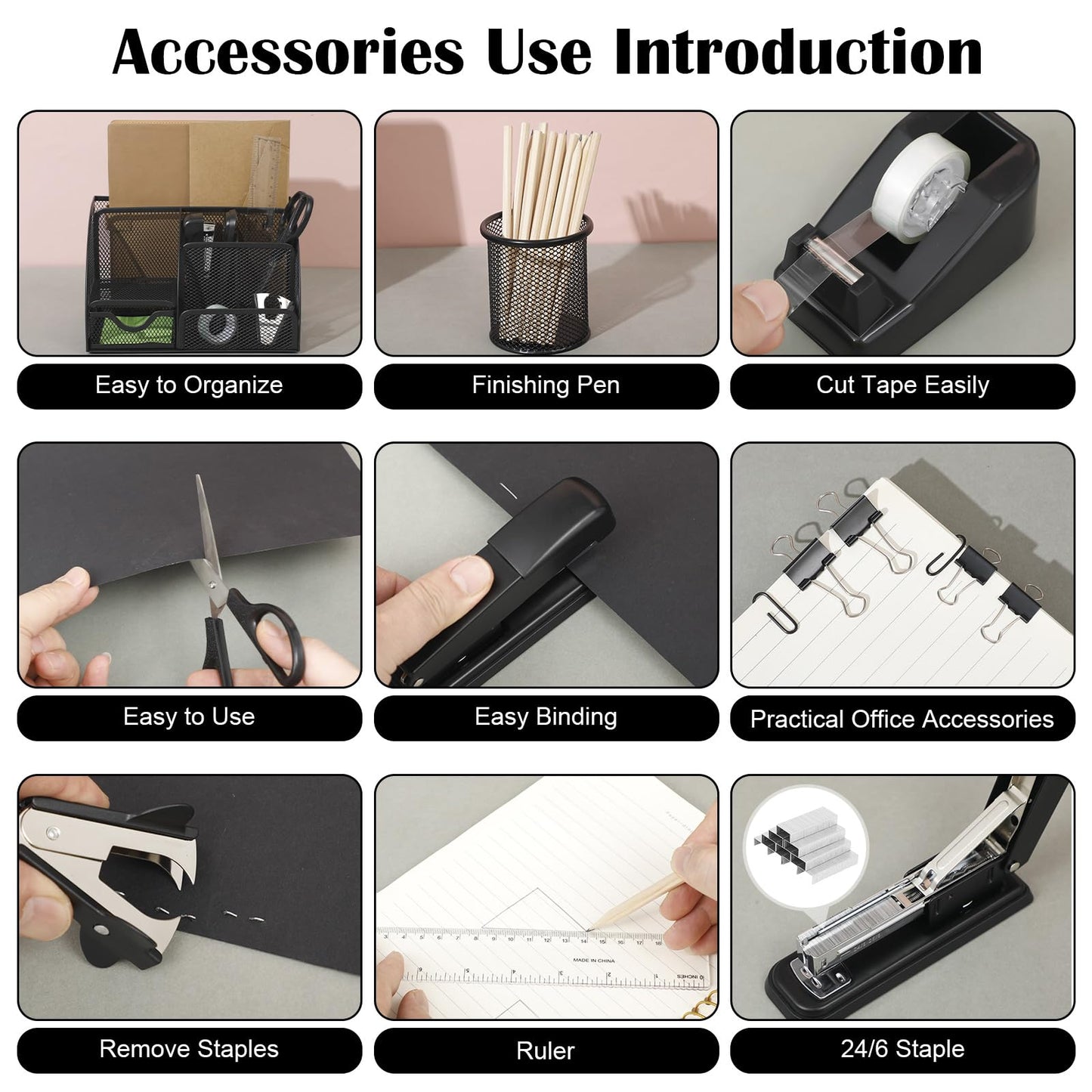 Black Desk Organizer and Accessories, Black Desk Asccessories Office Supply Kit Include Mesh Desktop Organizer Stapler 1000 Staples Tape Dispenser Pen Holder Staple Remover Clips Ruler Scissors