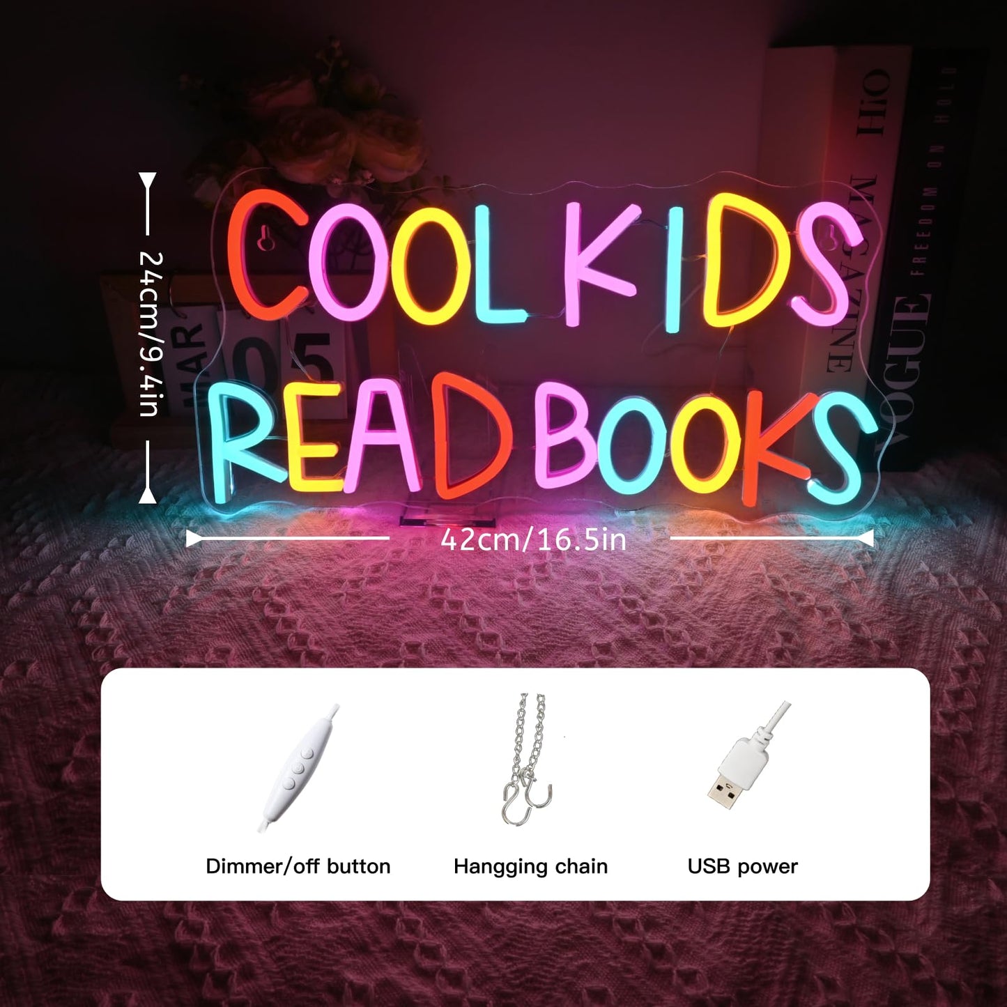VVYXX Cool Kids Read Books Neon Sign Reading Corner for Kids Neon Signs for Wall Decor LED Light Library Classroom Book Club Christmas Gift for Teens
