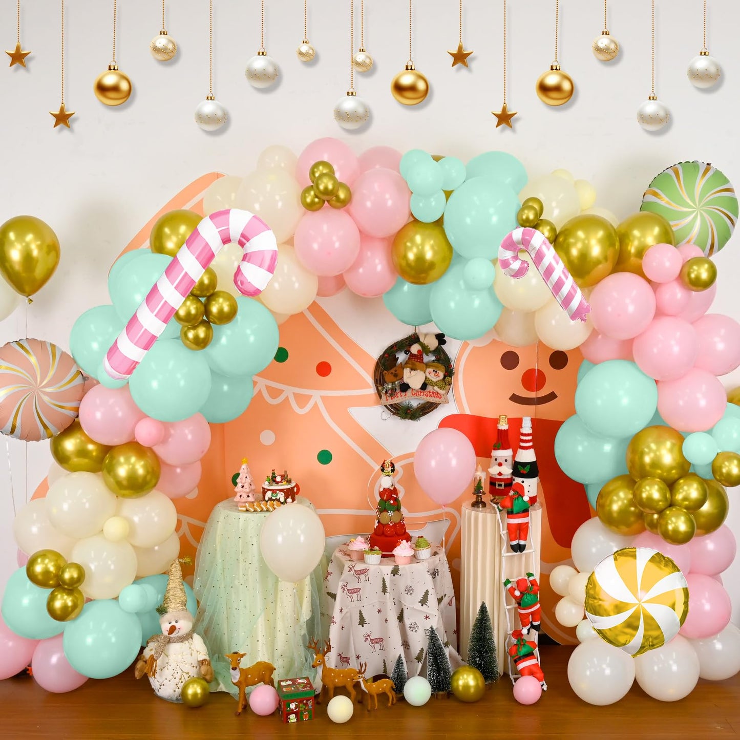 Christmas Balloons Garland Arch Kit, 125pcs Pastel Pink Green Balloon with Candy Cane Peppermint Foil Balloon for Christmas Theme New Year Xmas Holiday Birthday Party Decorations