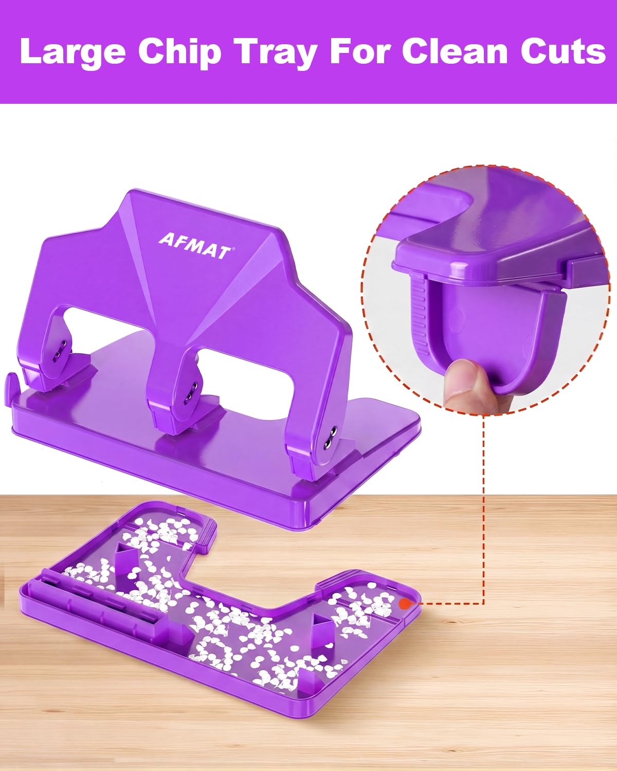 AFMAT 3 Hole Punch Heavy Duty, 40-Sheet Three Hole Punch, 50% Reduced Effort, 3 Hole Puncher for Binder w/Large Chip Tray, 9/32" Holes Diameter, Metal Paper Puncher for Home/Office/School,HP14(Purple)