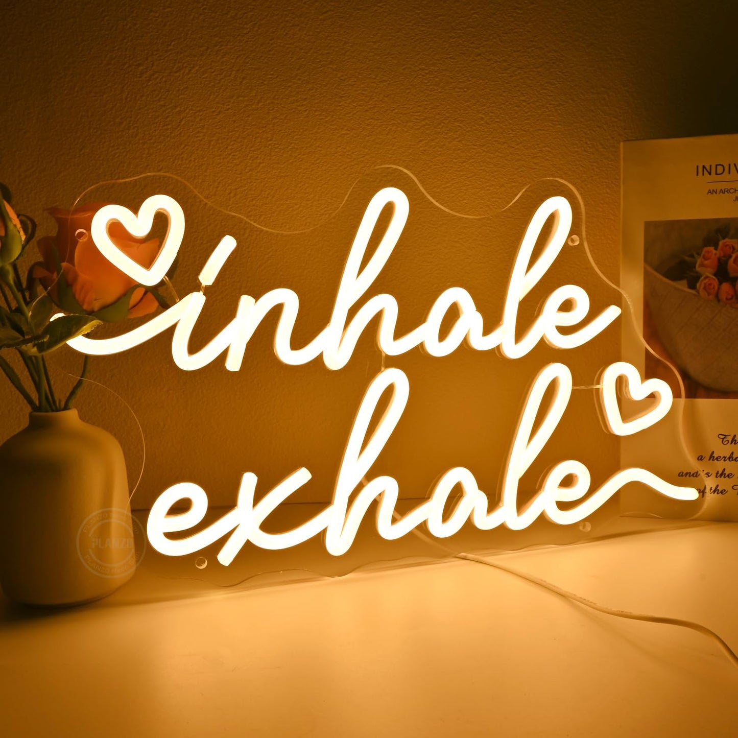 Planzo Inhale Exhale Led Neon Sign Light With Heart Yoga Gym Room Studio Bedroom Wall Sign Decor Birthday Christmas Party Decor Gifts USB 15.75"x9.06" Warm White