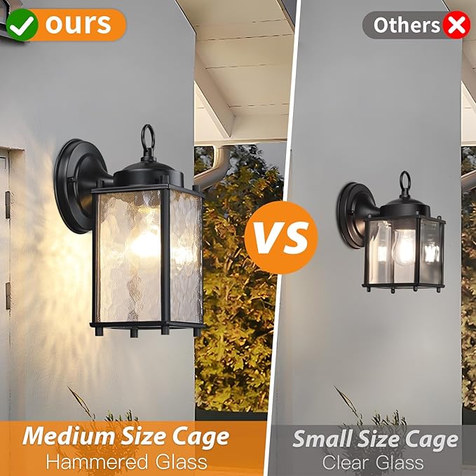 Outdoor Wall Light Fixture, Exterior Wall Sconce, Black Outdoor Porch Light with Hammered Glass, Waterproof Anti-Rust, for Garage, Front Door, Entryway, 2 Pack