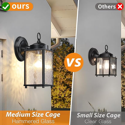 Outdoor Wall Light Fixture, Exterior Wall Sconce, Black Outdoor Porch Light with Hammered Glass, Waterproof Anti-Rust, for Garage, Front Door, Entryway, 2 Pack