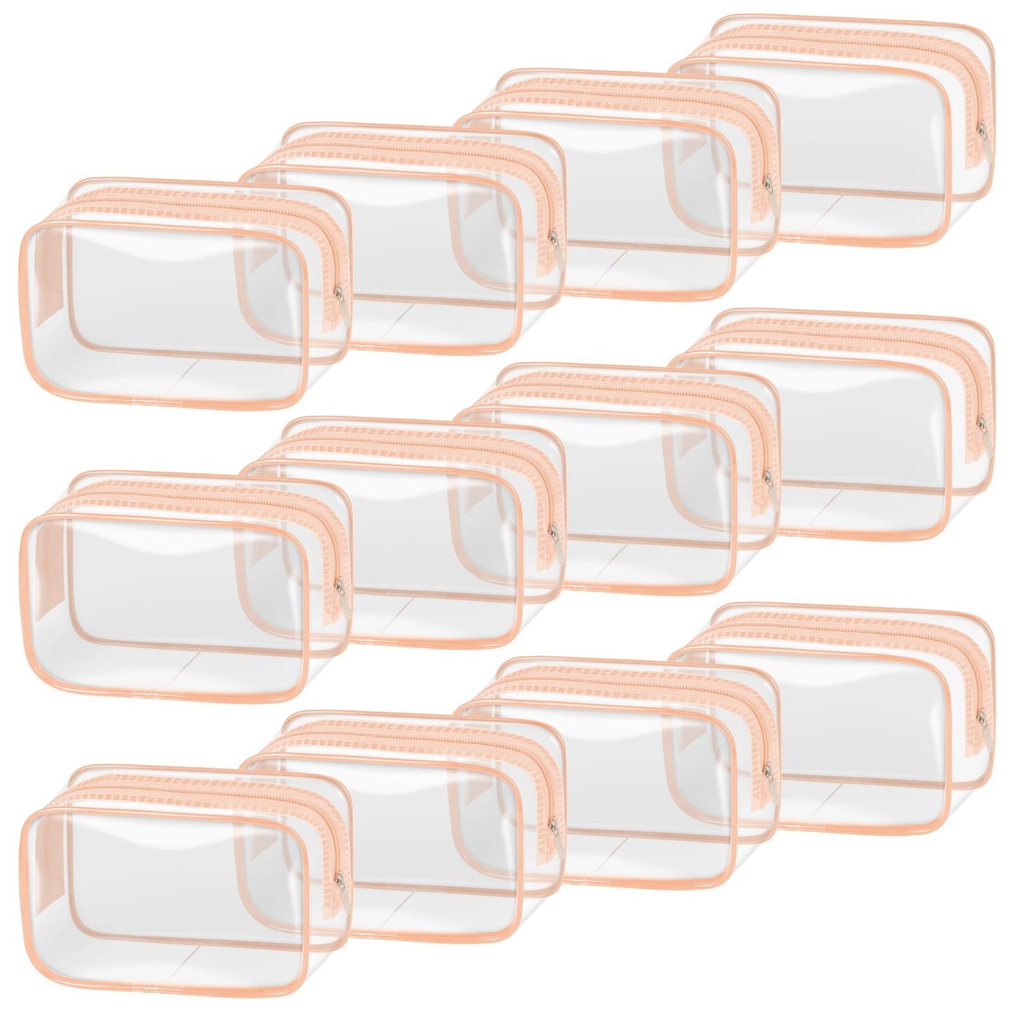 TISRATOK 12 PCS Clear Makeup Bag for Women with Zipper, TSA Approved Toiletry Pouch, Cosmetic Bag Bulk for Travel Organizer Essentials -Orange-pink, Small