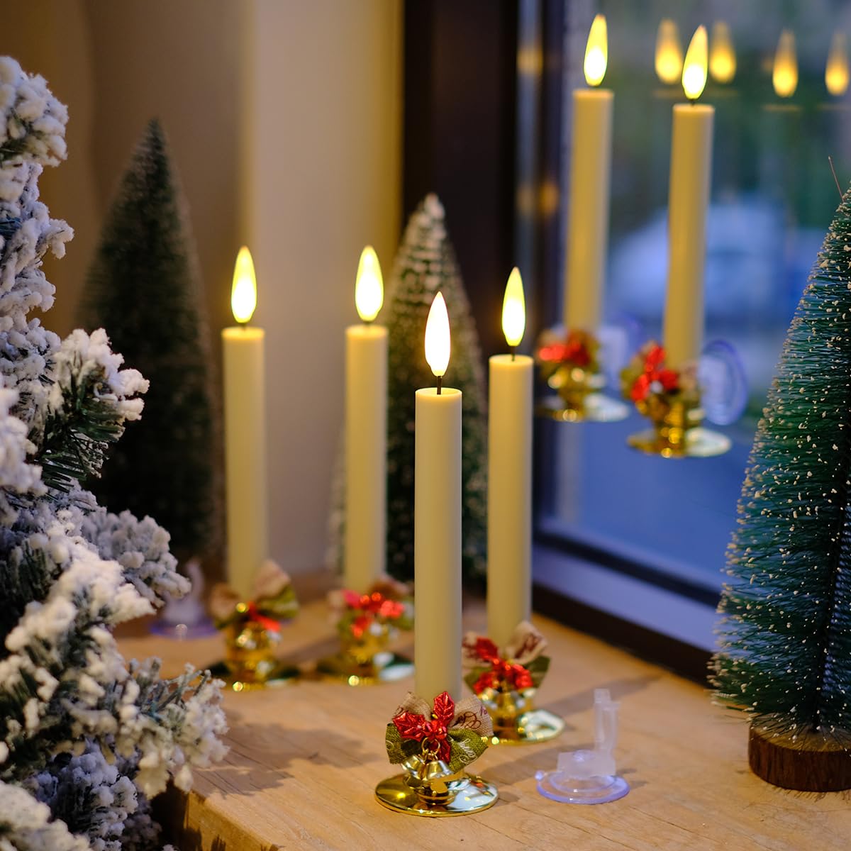 NONNO & ZGF 6 Pack Flameless 8.7'' Window Candles with 12 AA Batteries(Include) +6 Bows(with Bells) +6 Suction Cups+6 Golden Candleholders. Battery Powered Ivory Taper Candle with Remote and Timer