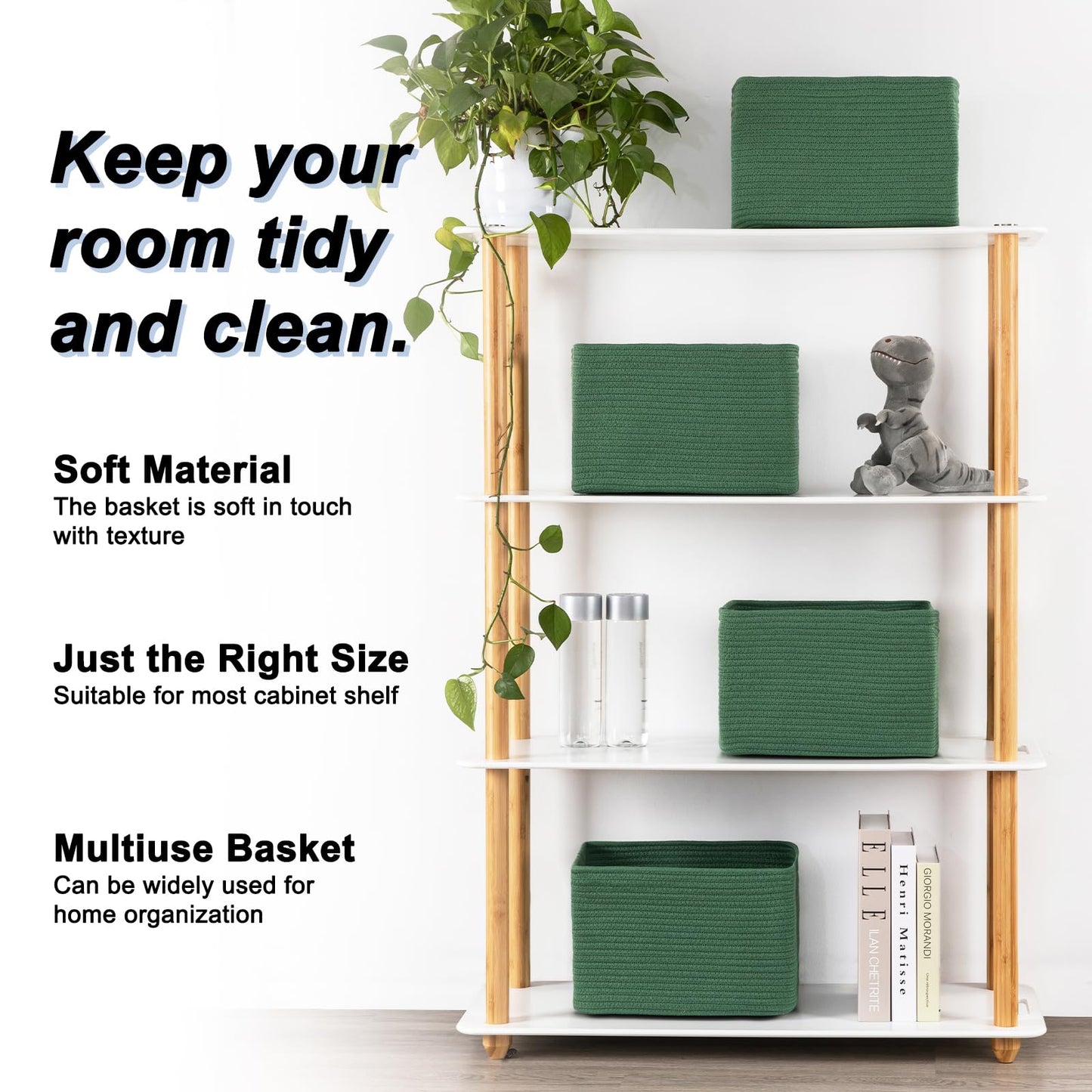 SIXDOVE 4 Pack Storage Baskets for Organizing, Woven Baskets for Shelves - Perfect for Toys, Books, Towels, and Clothes, Durable Gift Basket Bins Toy Storage, 12.7''L x9''W x7.8''H, Green