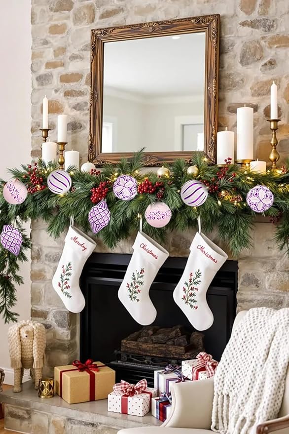 16PCS Shatterproof Christmas Ball Ornaments Set, Hand-Painted Holiday Decor with Assorted Sizes & Designs for Christmas Tree Thanksgiving Party Decoration, Purple-White