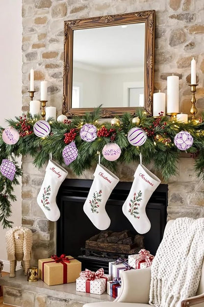 16PCS Shatterproof Christmas Ball Ornaments Set, Hand-Painted Holiday Decor with Assorted Sizes & Designs for Christmas Tree Thanksgiving Party Decoration, Purple-White
