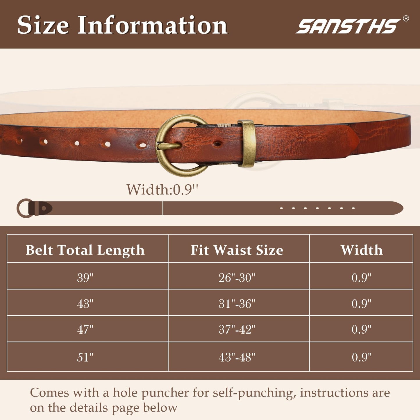 SANSTHS Womens Genuine Leather Belts for Jeans Pants Trendy Vintage Thin Leather Belt Gold Buckle Ladies Skinny Waist Belt,Cognac,M