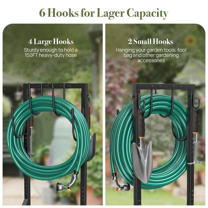 Winpull Garden Hose Holder Water Hose Holder with 4 Spikes, Freestanding Hose Hanger Outdoor Hold Stand Heavy Duty 6 Hooks Metal Garden Hose Storage Hose Reel Rack for Outside (Black)