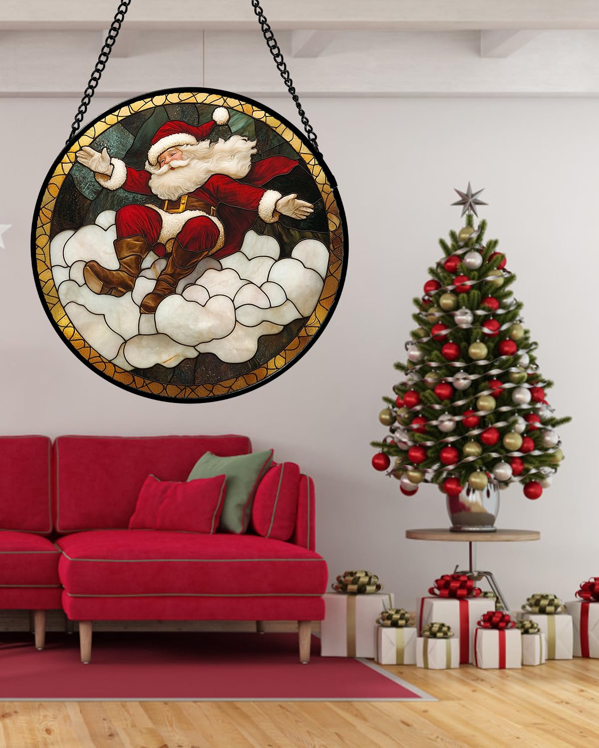 Stained Glass Window Hanging - Red White Santa Claus Clouds Suncatcher for Doors Home Christmas Decoration Sun Catcher Thanksgiving New Year Birthday Gifts for Friend Women Men Mom Nana 7.8 in