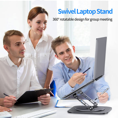 Adjustable Computer Stand with 360 Rotating Base, Ergonimic Foldable Laptop Riser for Desk Compatible with MacBook Pro/Air Notebook up to 16 Inches, Silver