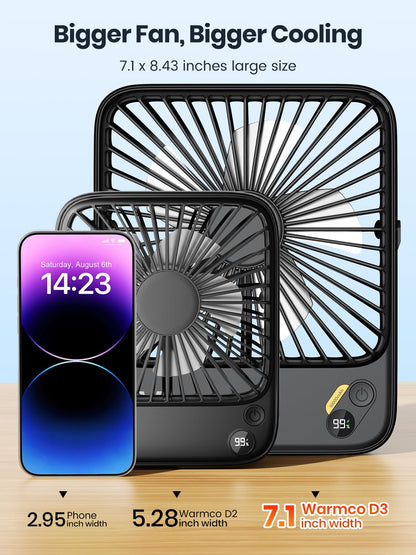 Warmco 10000mAh Portable Travel Fan 7-inch, [10-24H Runtime] Ultra-thin Digital Display Mini Desk Battery Operated Fan for Bedroom, Camping, Cruise Essentials 2025