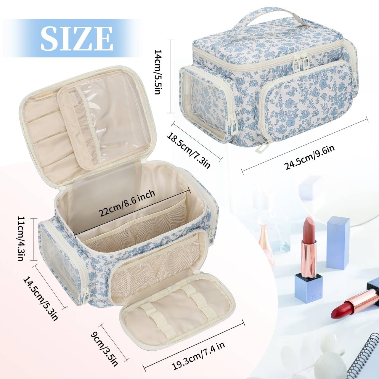 Makeup Bag with Multi-Pockets,Travel Cosmetic Bag with 2 Transparent Side Pockets for Easy Small Item Finding, Enlarged Internal Compartments, Large Capacity Waterproof Bottom Makeup Organizer -Floral