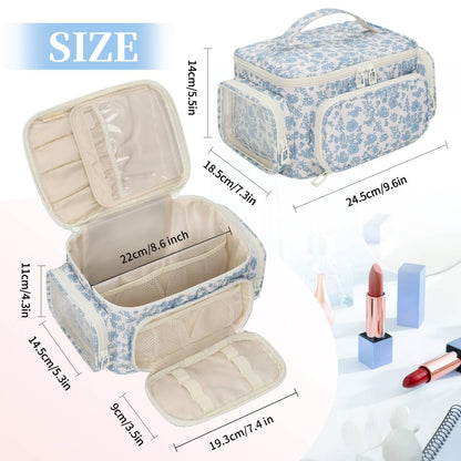 Makeup Bag with Multi-Pockets,Travel Cosmetic Bag with 2 Transparent Side Pockets for Easy Small Item Finding, Enlarged Internal Compartments, Large Capacity Waterproof Bottom Makeup Organizer -Floral