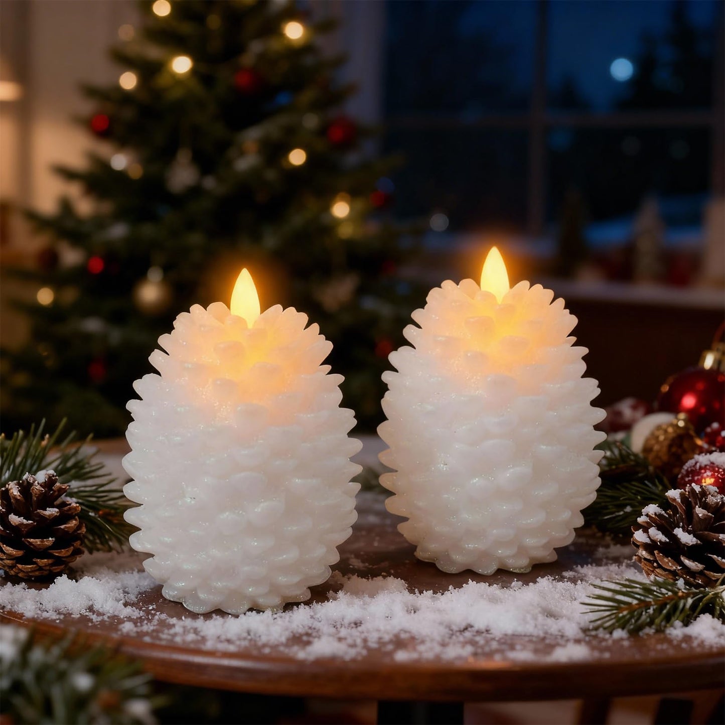 Eldnacele LED Pine Cone Candles with Remote Timer, Battery Operated Flameless Candles Unscented Wax Pinecone Candle White 2 Pack for Christmas Home Party Decoration