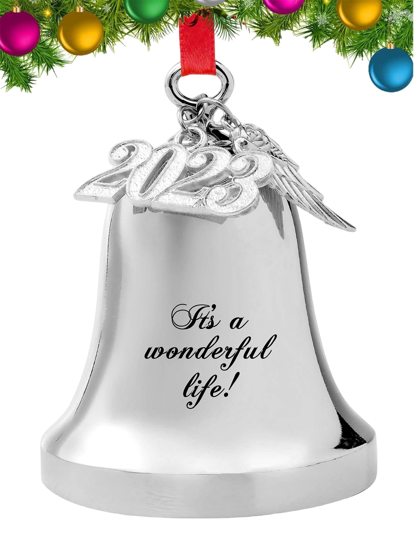 FKOG 2026 It's A Wonderful Life Christmas Bell Ornament, Silver Christmas Tree Bell and Sleigh Bell Ornament Decoration Gifts with Angel Wing Charm (It's a Wonderful Life Bell)