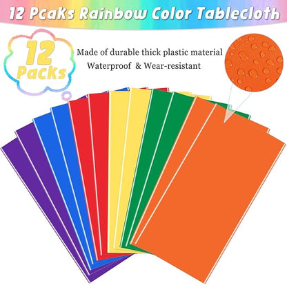 12 Packs Disposable Plastic Tablecloths 54 x 108 Inch Rainbow Color Table Cloths Colorful Rectangle Waterproof Table Covers for Birthday Wedding Picnic Theme Party Decoration