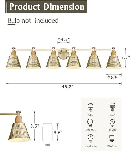 FEMILA Brass Light Fixture Bathroom, 6 Light Brushed Gold Vanity Light, 45.3" Bathroom Lighting Fixture Over Mirror, 4FG59B-6W BG