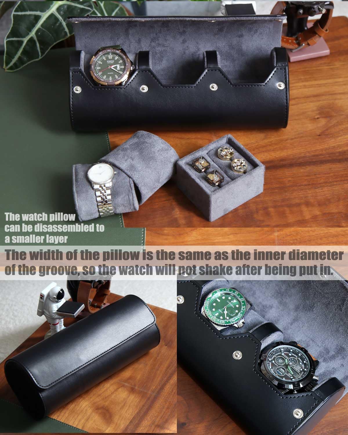 Bonaking Travel Case for Watch and Cufflinks - PU Leather Organizer, Men's Storage Box, Portable Roll Set for 2 Watches - Gift