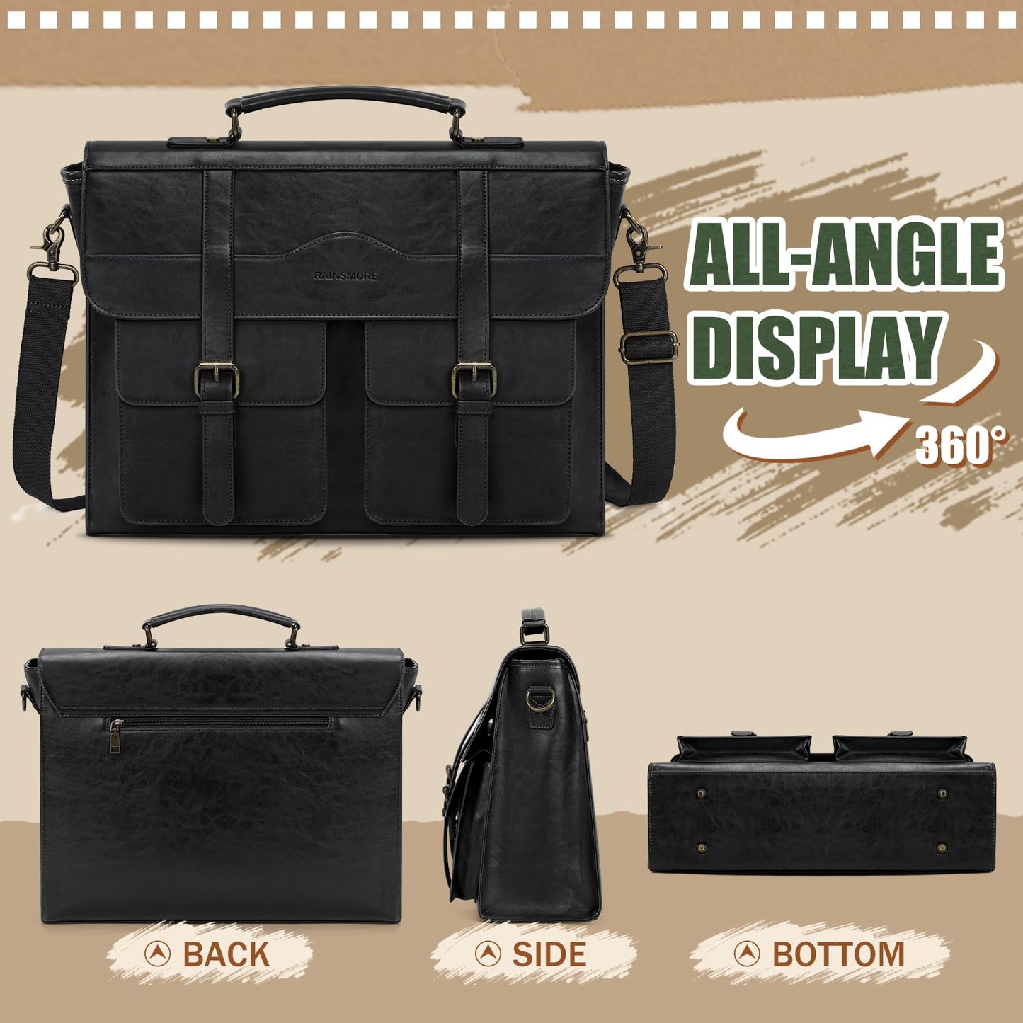 RAINSMORE Mens Messenger Bag 17 Inch Vintage Leather Laptop Briefcase Magnetic Closure Large Satchel Computer Shoulder Bag for Office Travel College, Black