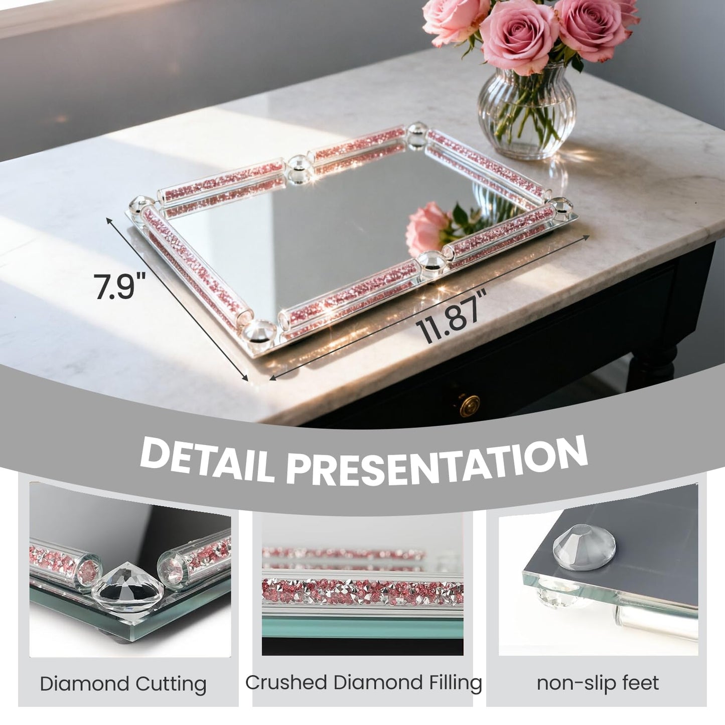 HMRCYTE Crystal Perfume Tray, 11.8" x 7.9" Mirror Glass Vanity Tray for Dresser, Cosmetic Jewelry Trinket Tray, Crushed Diamond Home Decor, Decorative Tray for Vanity Christmas Party Gift